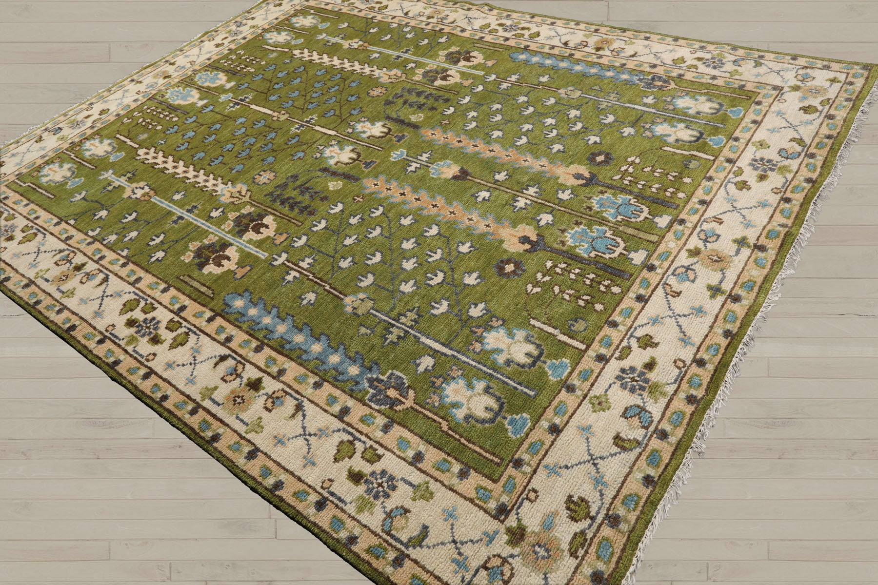 Multi Size Green Ivory Peach Color Hand Knotted Oushak Wool Traditional Oriental Rug