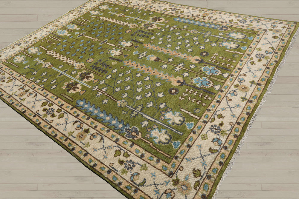 Multi Size Green Ivory Peach Color Hand Knotted Oushak Wool Traditional Oriental Rug