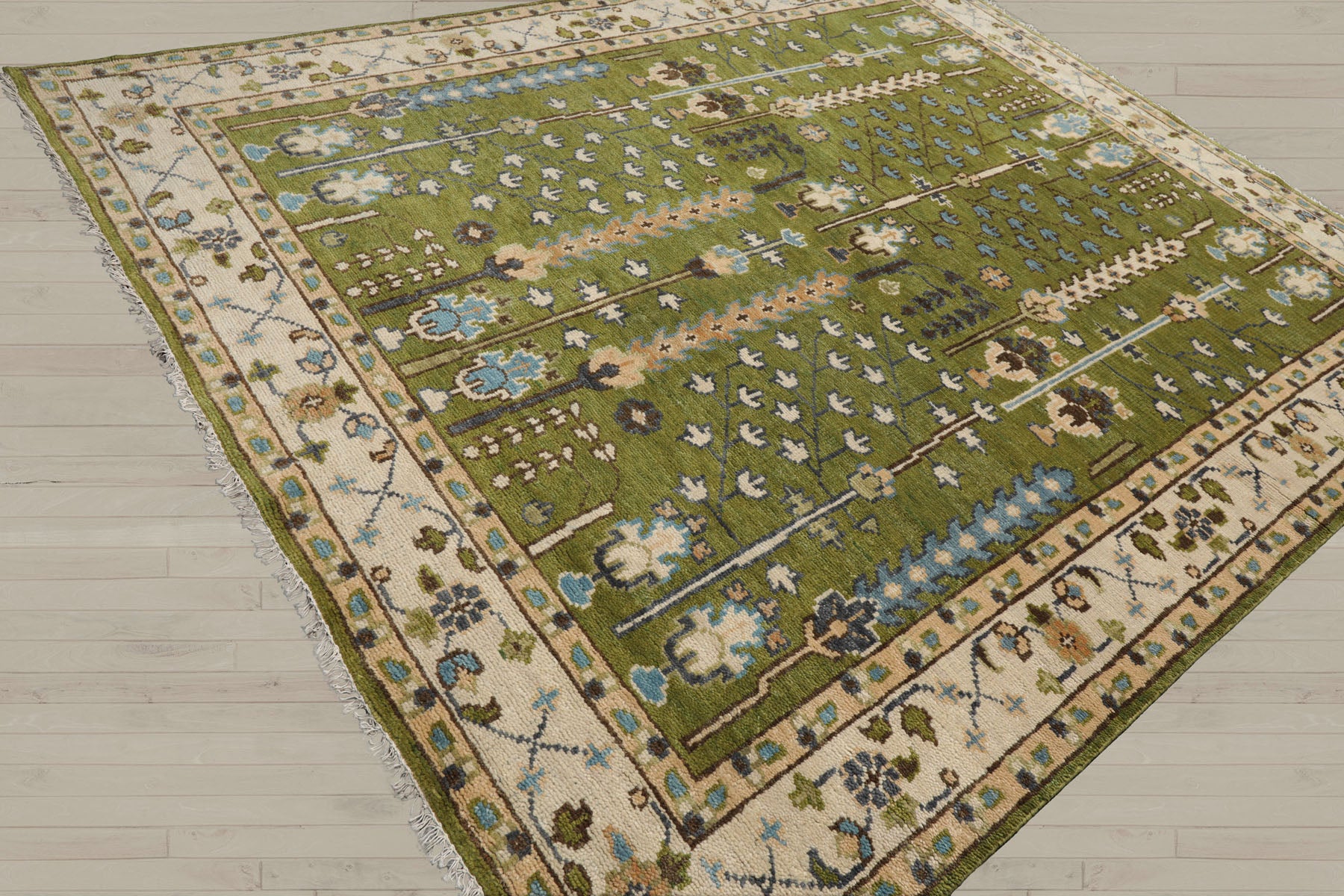 Multi Size Green Ivory Peach Color Hand Knotted Oushak Wool Traditional Oriental Rug