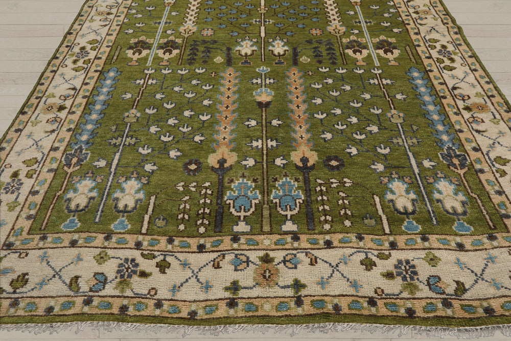 Multi Size Green Ivory Peach Color Hand Knotted Oushak Wool Traditional Oriental Rug