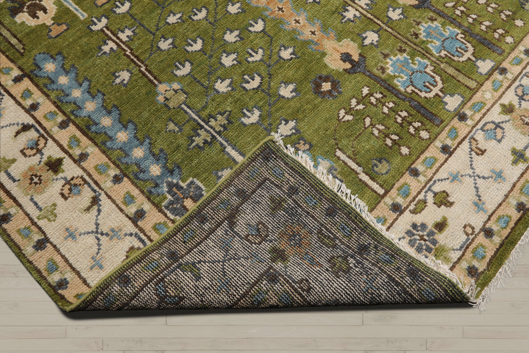 Multi Size Green Ivory Peach Color Hand Knotted Oushak Wool Traditional Oriental Rug