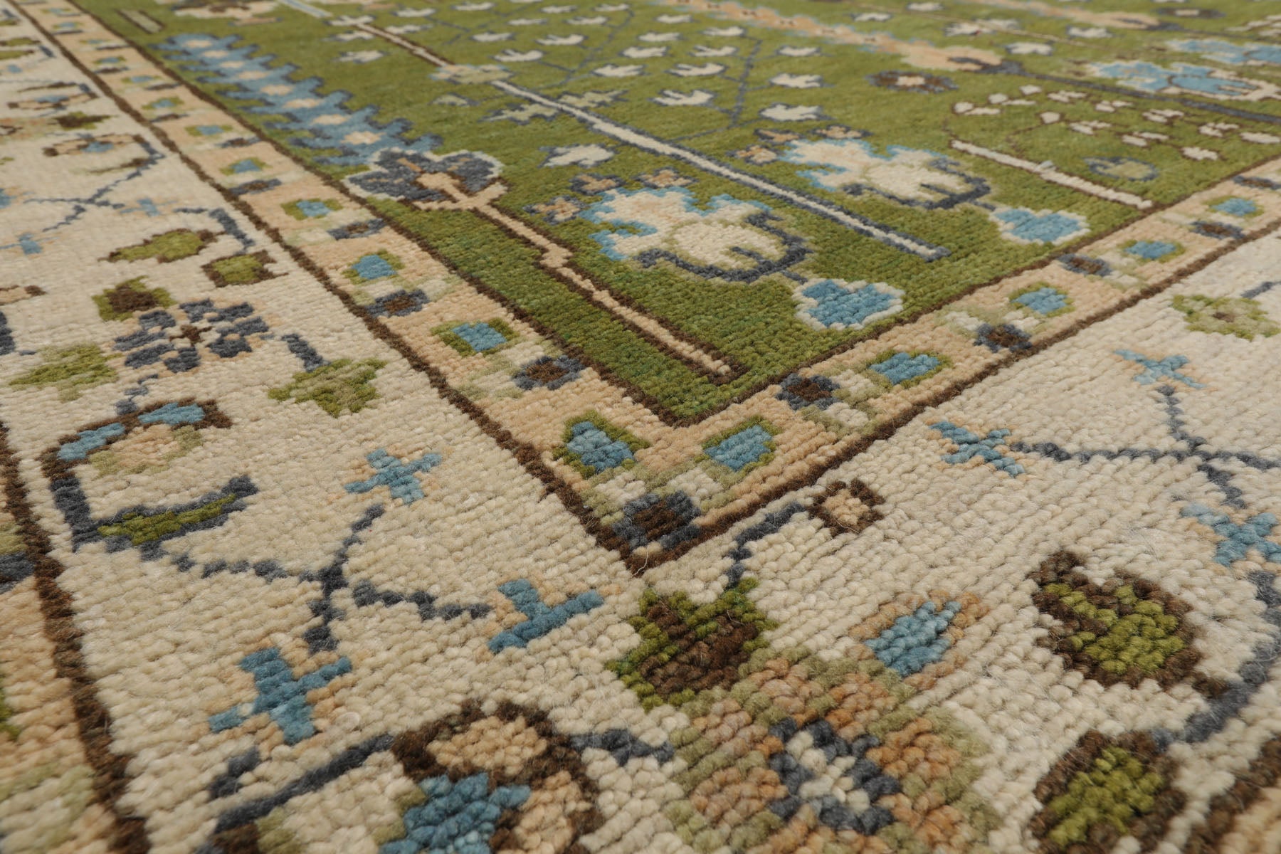Multi Size Green Ivory Peach Color Hand Knotted Oushak Wool Traditional Oriental Rug