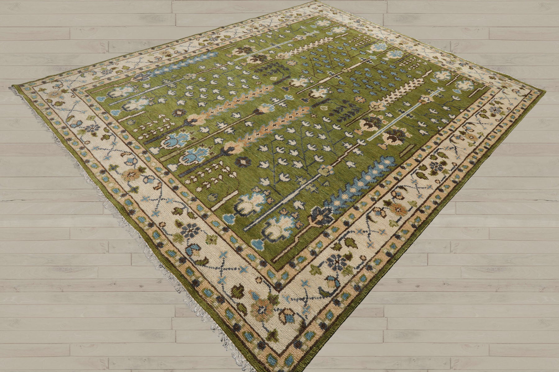 Multi Size Green Ivory Peach Color Hand Knotted Oushak Wool Traditional Oriental Rug