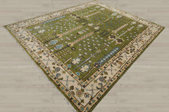 Multi Size Green Ivory Peach Color Hand Knotted Oushak Wool Traditional Oriental Rug