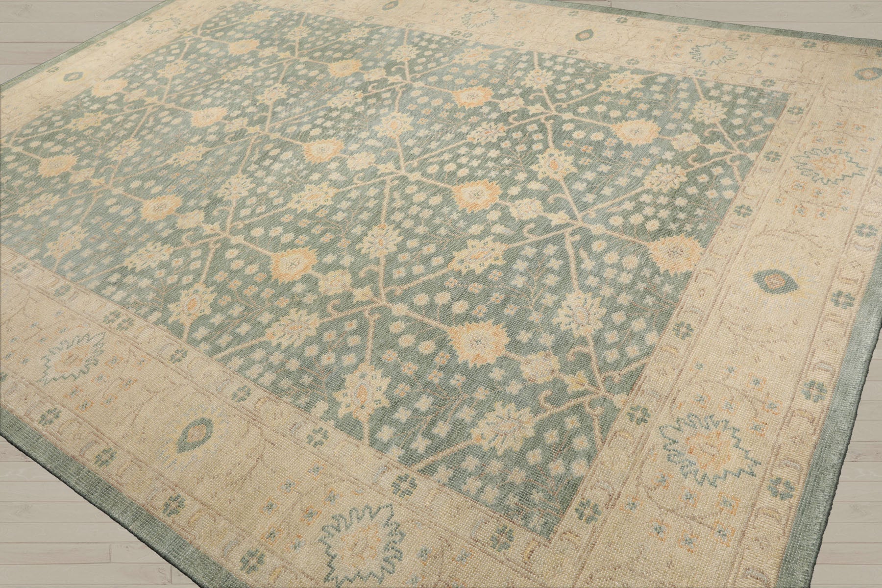 Multi Size Green Beige Caramel Color Hand Knotted Oushak Wool Antique Oriental Rug