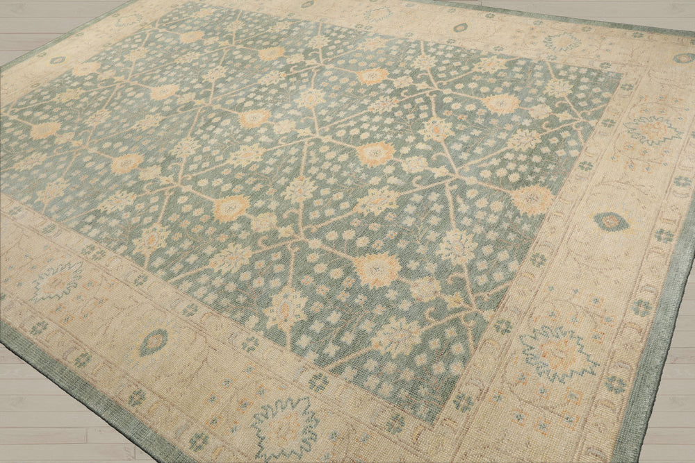 Multi Size Green Beige Caramel Color Hand Knotted Oushak Wool Antique Oriental Rug