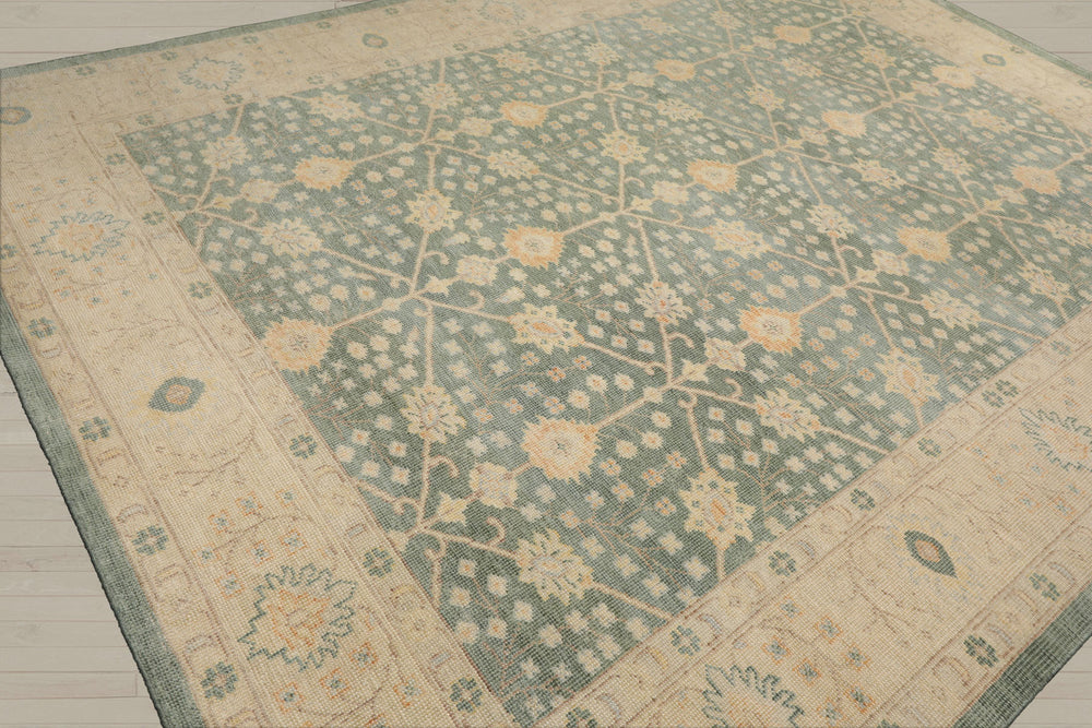 Multi Size Green Beige Caramel Color Hand Knotted Oushak Wool Antique Oriental Rug