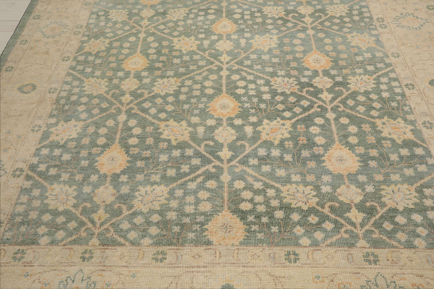 Multi Size Green Beige Caramel Color Hand Knotted Oushak Wool Antique Oriental Rug
