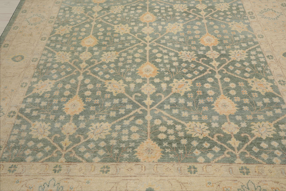Multi Size Green Beige Caramel Color Hand Knotted Oushak Wool Antique Oriental Rug