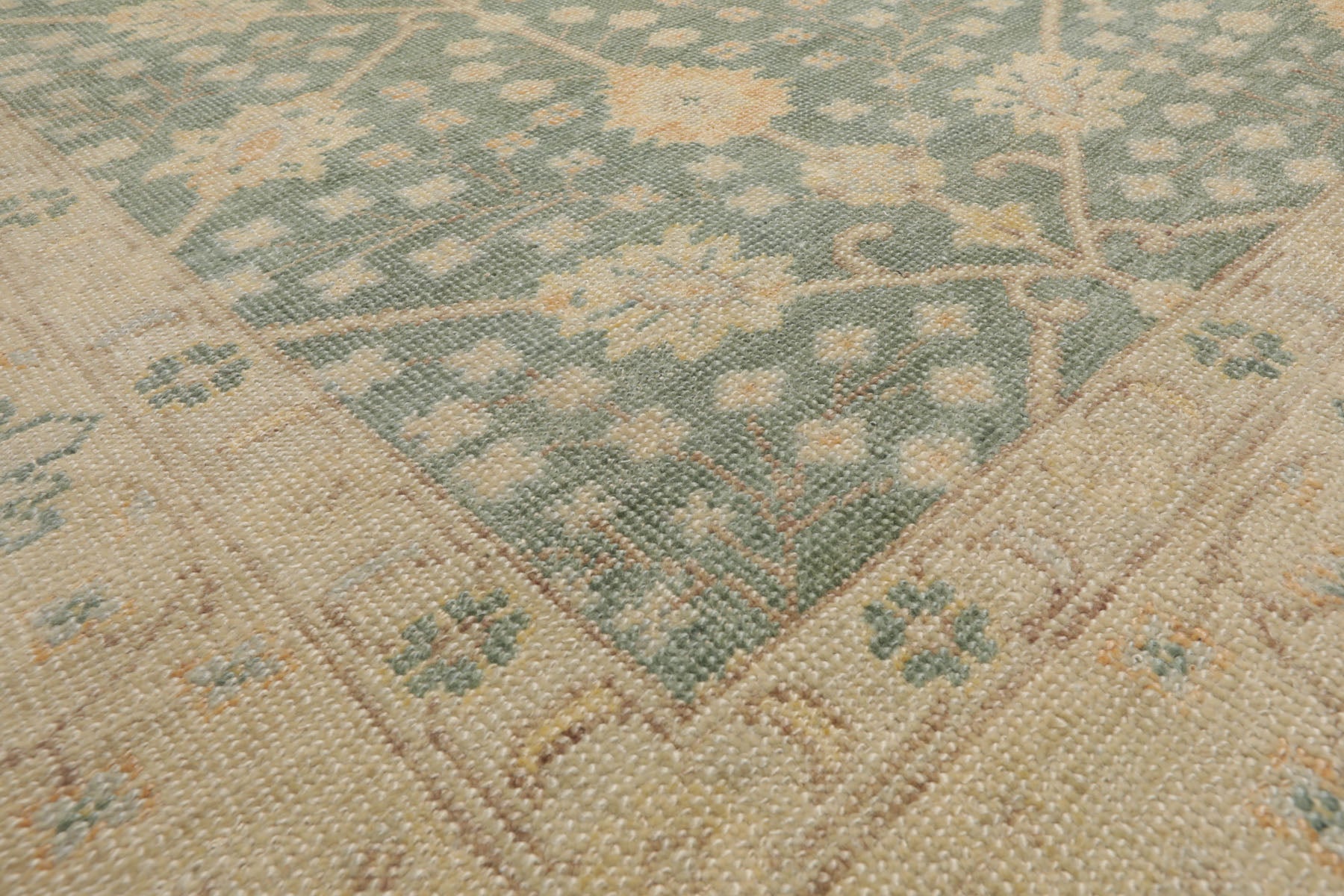 Multi Size Green Beige Caramel Color Hand Knotted Oushak Wool Antique Oriental Rug