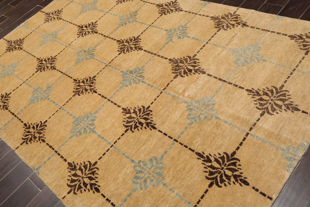 6x9 Tan, Brown, Blue Color Hand Knotted Tibetan 100% Wool Transitional Oriental Rug