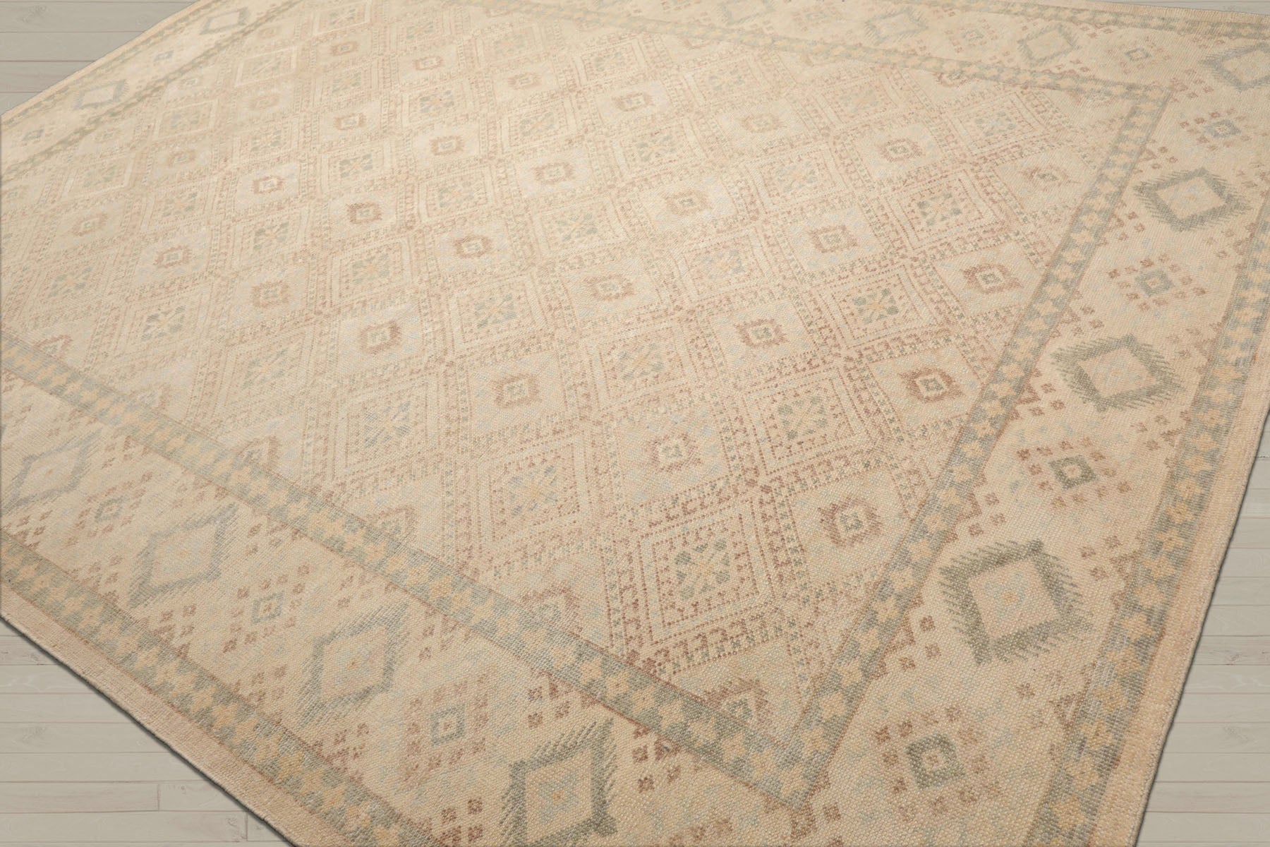 Multi Size Beige Tan Sage Color Hand Knotted Oushak Wool Transitional Oriental Rug