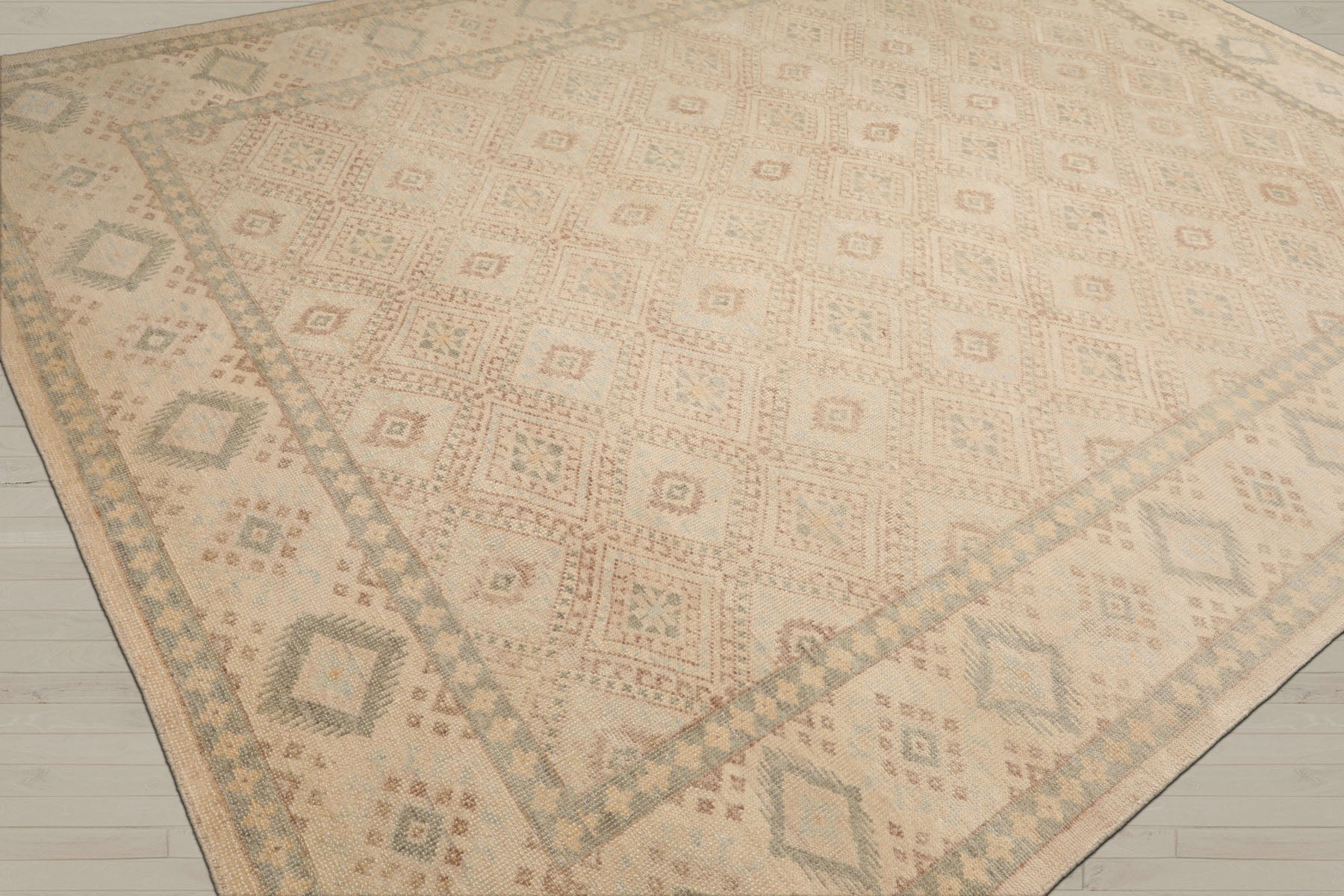 Multi Size Beige Tan Sage Color Hand Knotted Oushak Wool Transitional Oriental Rug