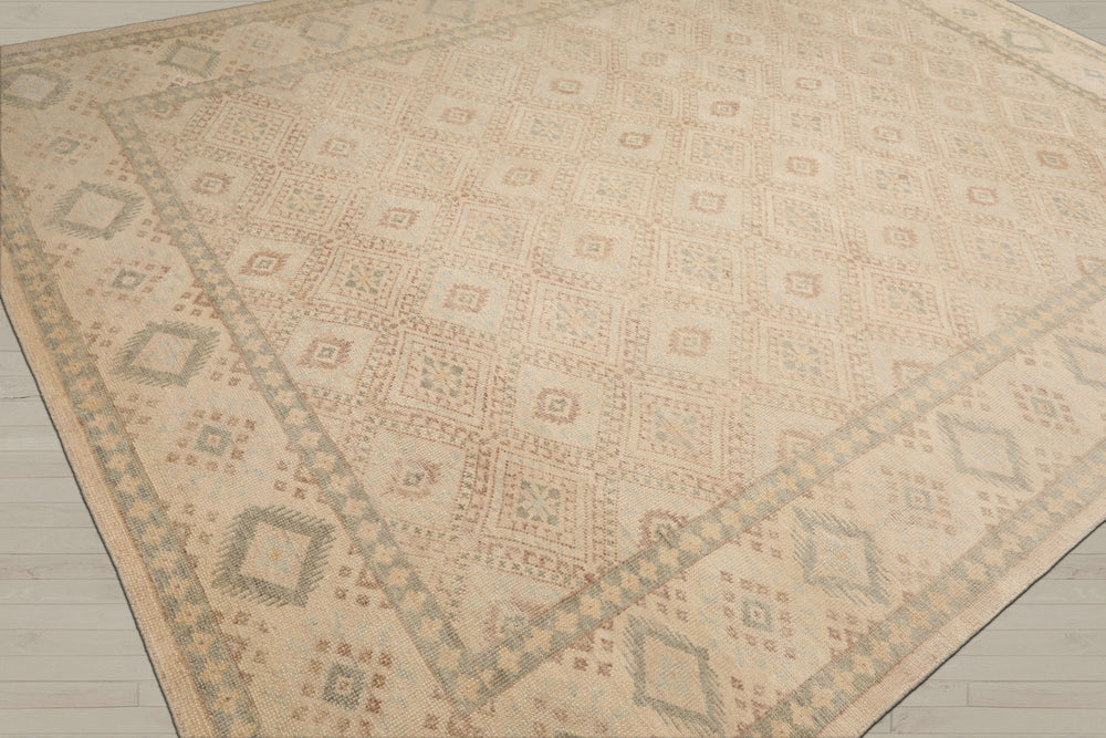 Multi Size Beige Tan Sage Color Hand Knotted Oushak Wool Transitional Oriental Rug