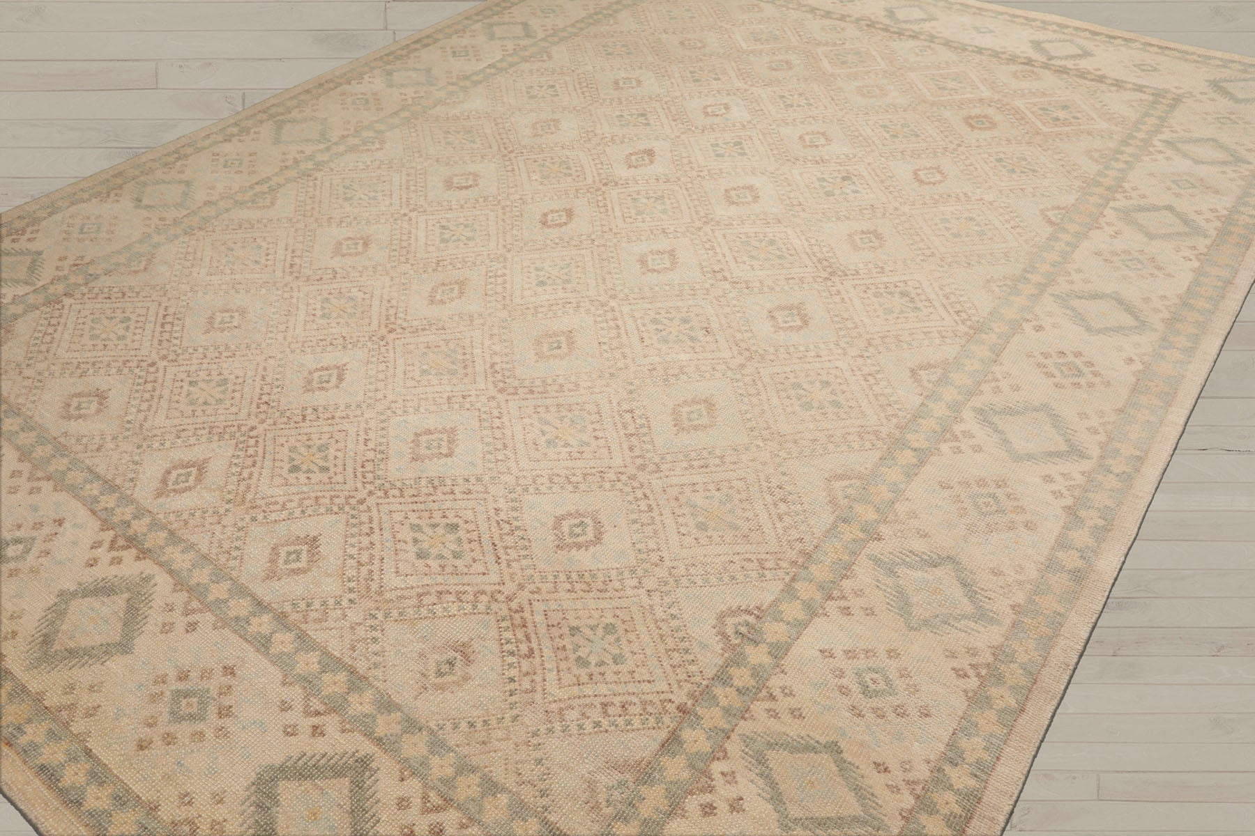 Multi Size Beige Tan Sage Color Hand Knotted Oushak Wool Transitional Oriental Rug