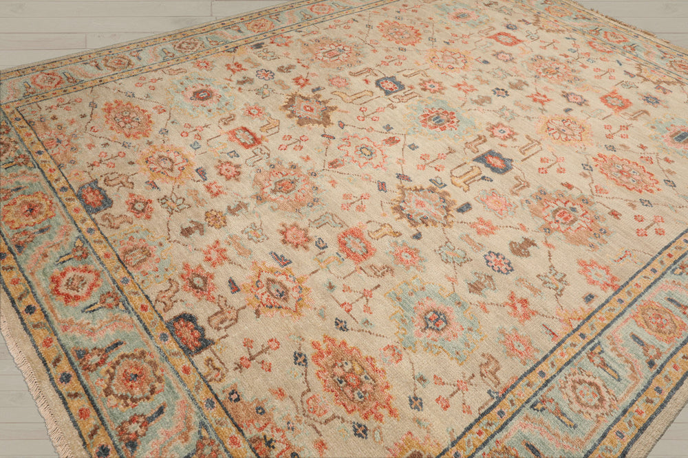 Multi Size Beige Turquoise Gold Color Hand Knotted Oushak Wool Traditional Oriental Rug