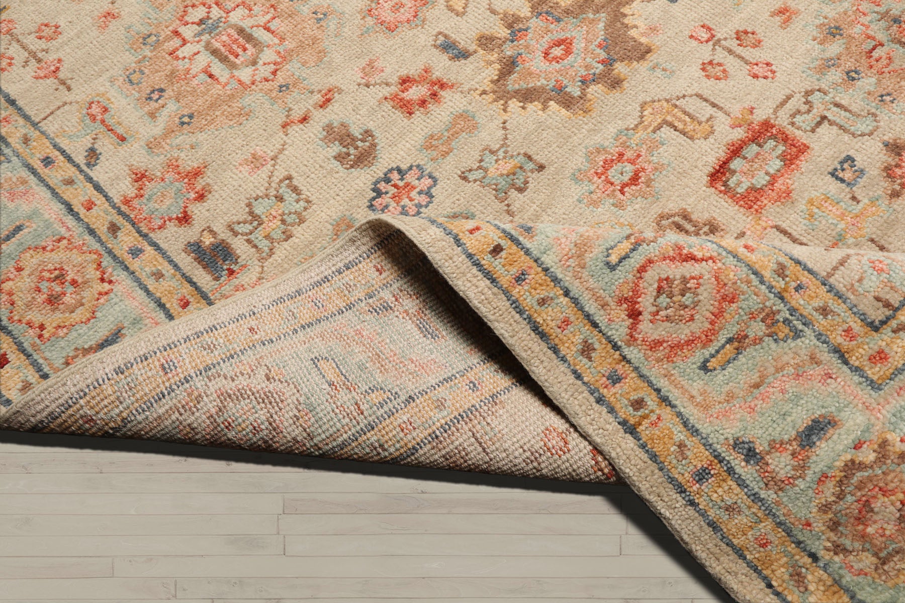 Multi Size Beige Turquoise Gold Color Hand Knotted Oushak Wool Traditional Oriental Rug