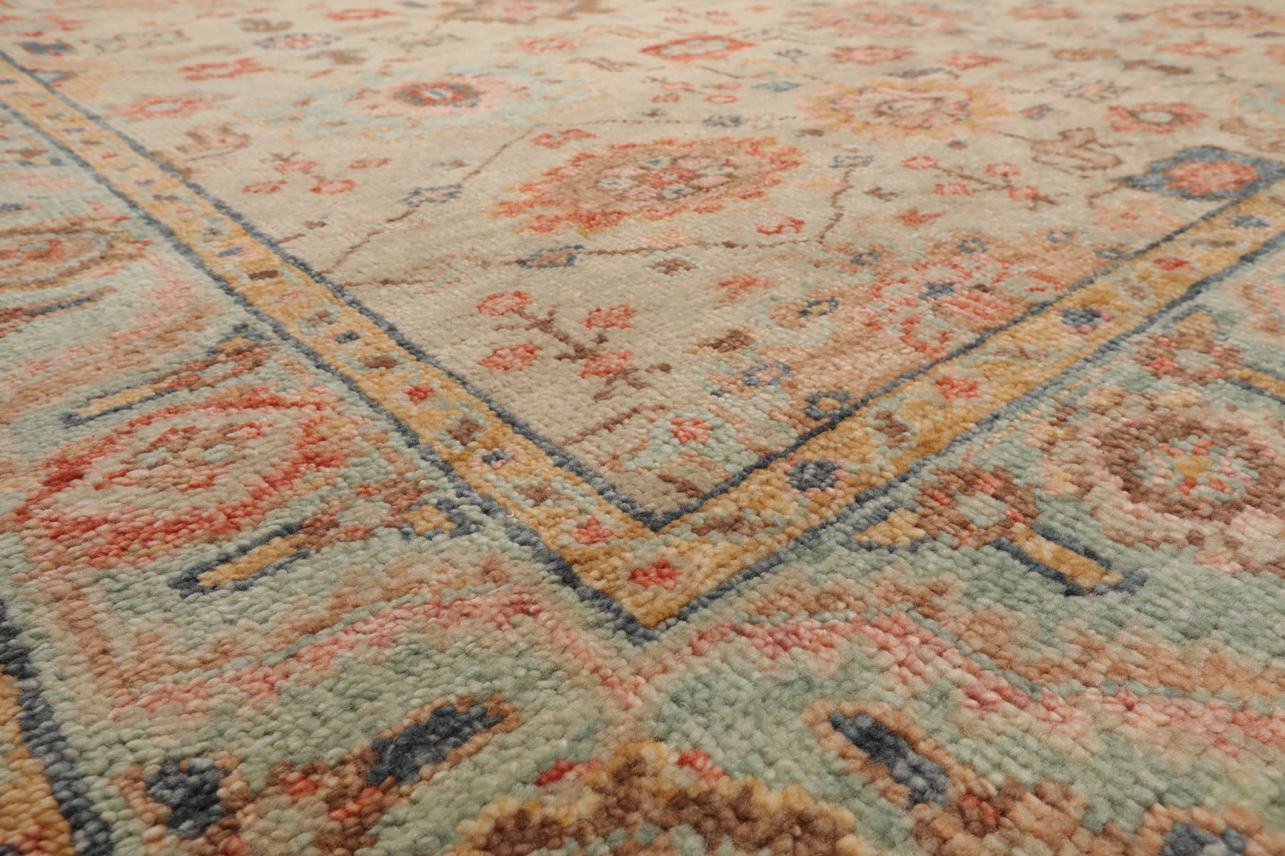 Multi Size Beige Turquoise Gold Color Hand Knotted Oushak Wool Traditional Oriental Rug