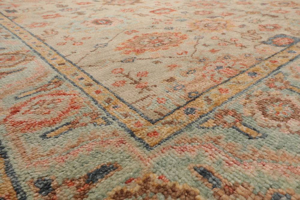 Multi Size Beige Turquoise Gold Color Hand Knotted Oushak Wool Traditional Oriental Rug