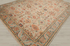 Multi Size Beige Turquoise Gold Color Hand Knotted Oushak Wool Traditional Oriental Rug