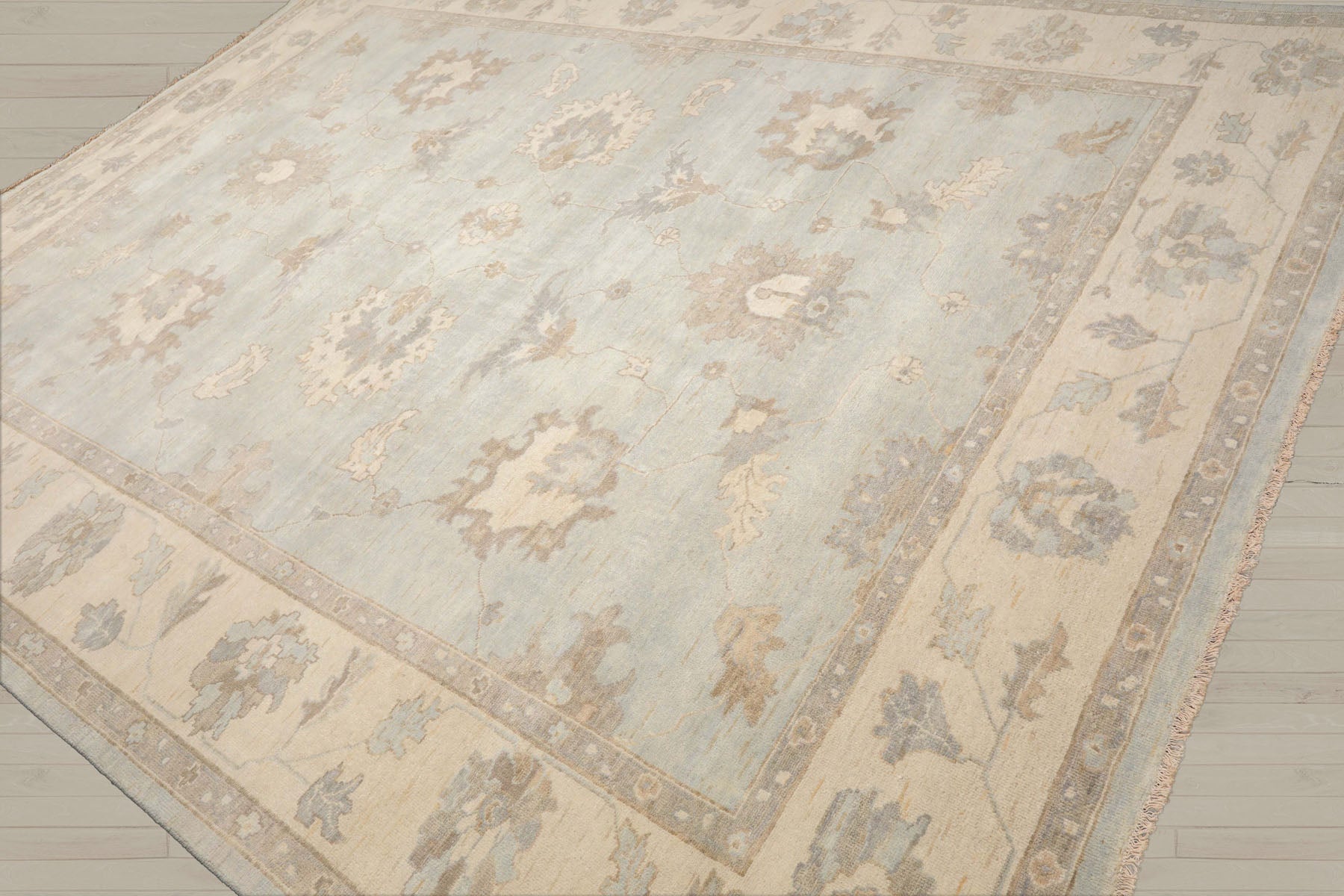 Multi Size Mint Ivory Brown Color Hand Knotted Oushak Wool Traditional Oriental Rug