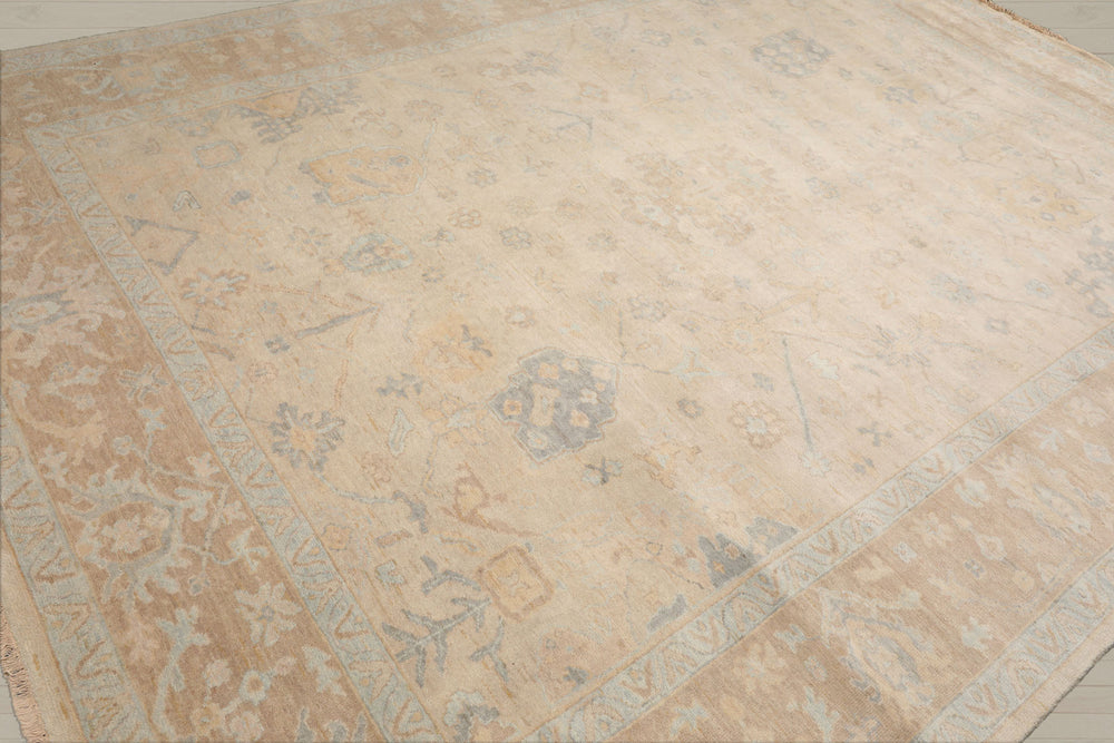 Multi Size Beige Tan Aqua Color Hand Knotted Oushak Wool Traditional Oriental Rug