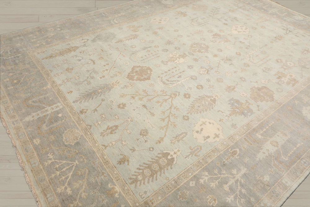Multi Size Mint Gray Ivory Color Hand Knotted Oushak Wool Traditional Oriental Rug