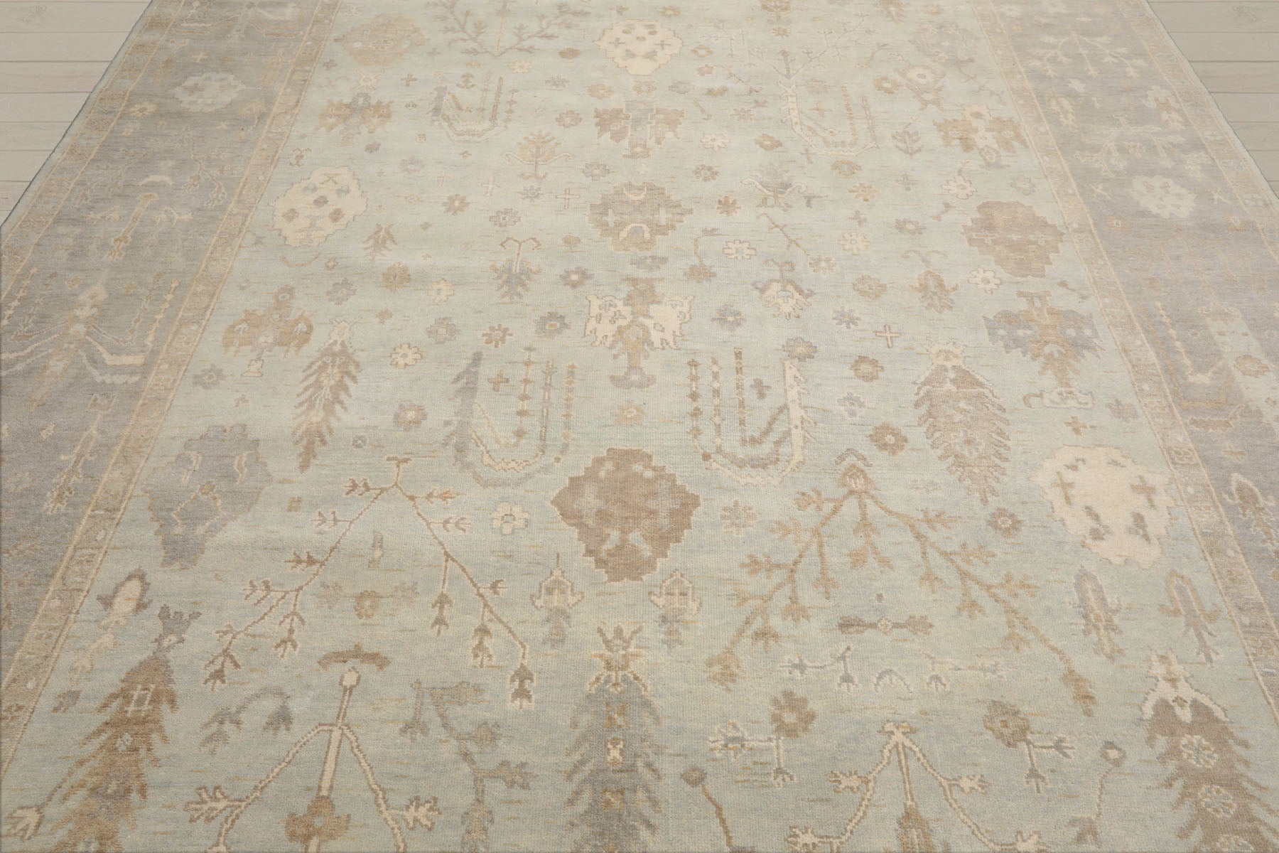Multi Size Mint Gray Ivory Color Hand Knotted Oushak Wool Traditional Oriental Rug