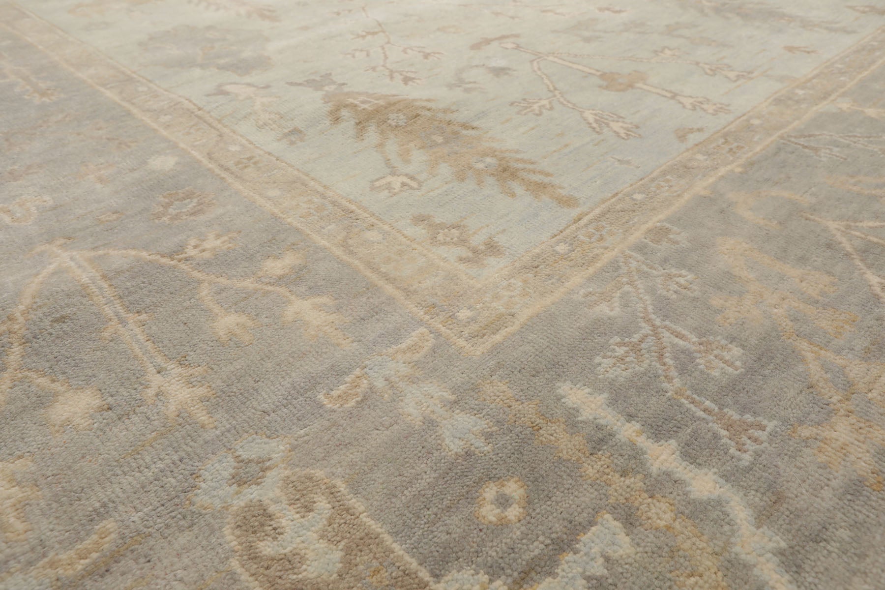Multi Size Mint Gray Ivory Color Hand Knotted Oushak Wool Traditional Oriental Rug