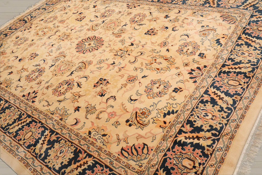 9x12 Tan, Midnight Blue, Blush Color Hand Knotted Agra 100% Wool Traditional Oriental Rug
