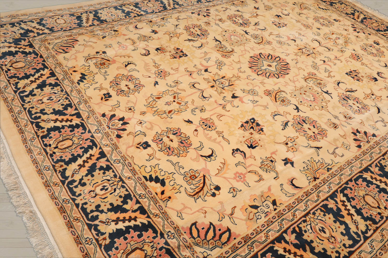 9x12 Tan, Midnight Blue, Blush Color Hand Knotted Agra 100% Wool Traditional Oriental Rug
