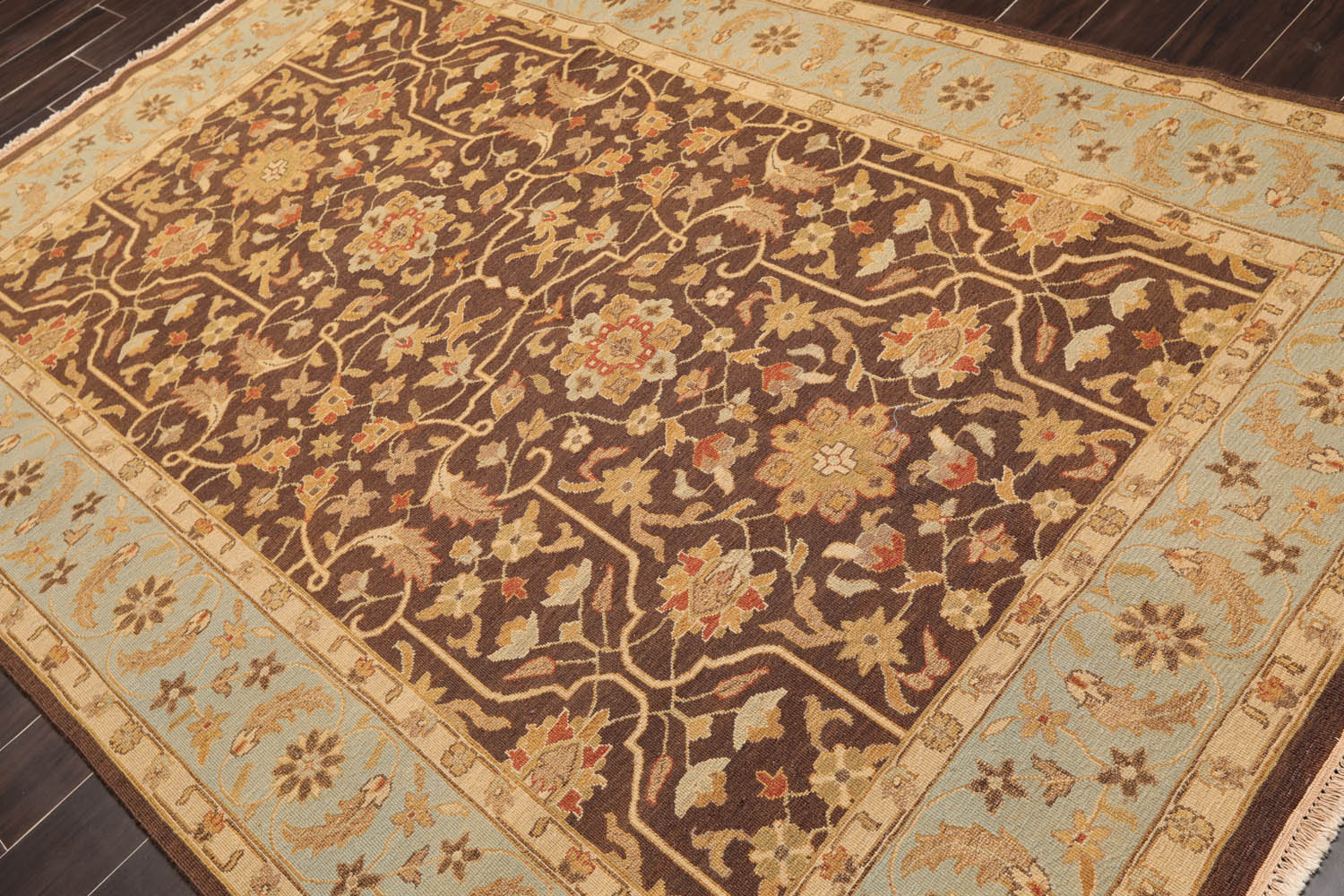 6x9 Brown, Aqua, Beige Color Hand Knotted  100% Wool Traditional Oriental Rug