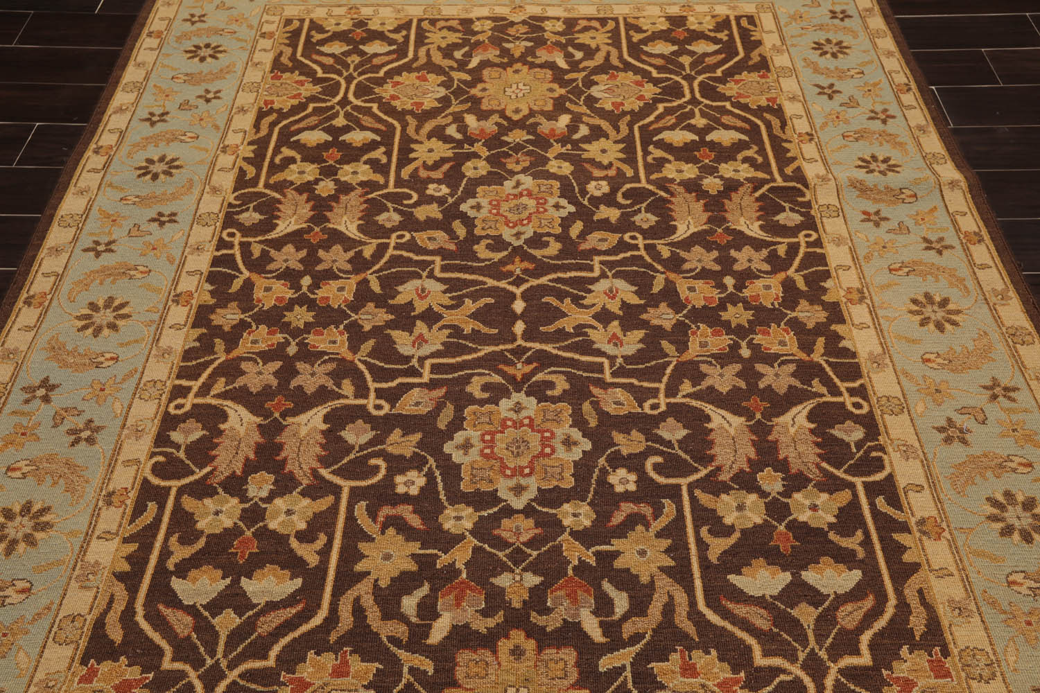 6x9 Brown, Aqua, Beige Color Hand Knotted  100% Wool Traditional Oriental Rug