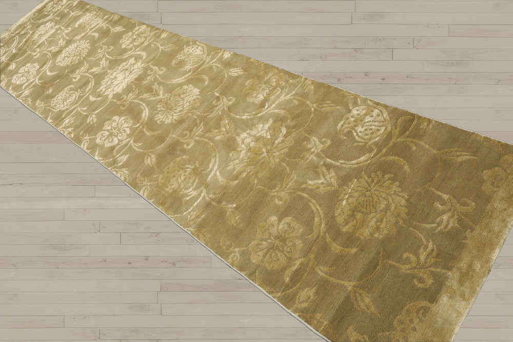 3x12 Tone on Tone Green, , Color Hand Knotted Tibetan Wool & Silk Transitional Oriental Rug
