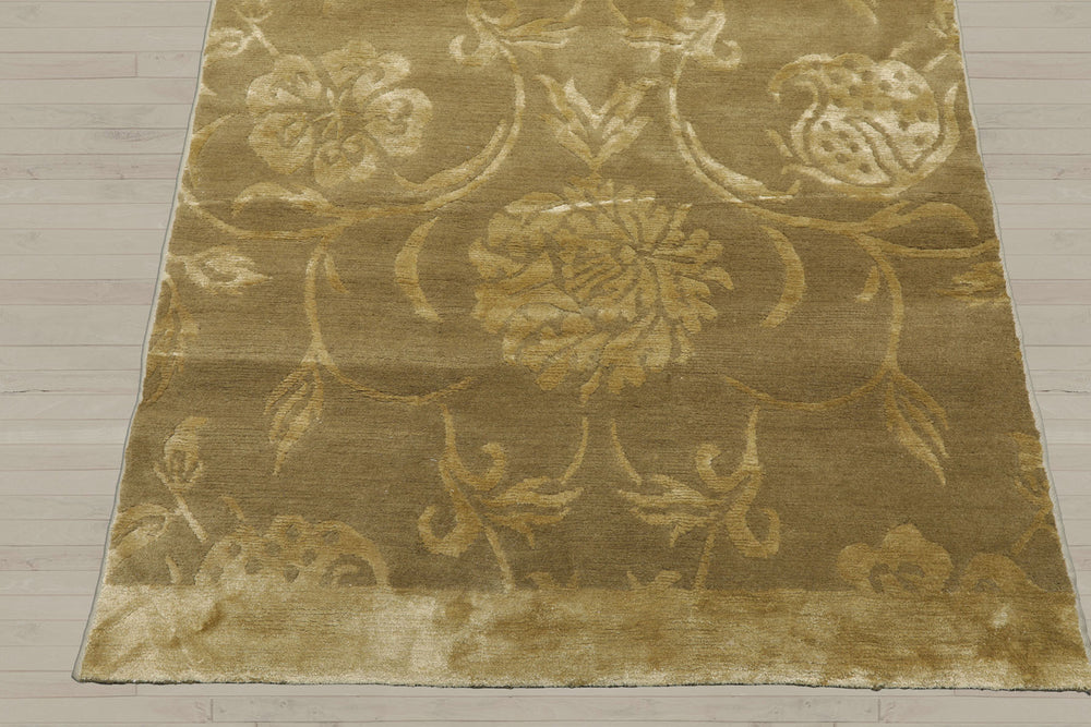 3x12 Tone on Tone Green, , Color Hand Knotted Tibetan Wool & Silk Transitional Oriental Rug