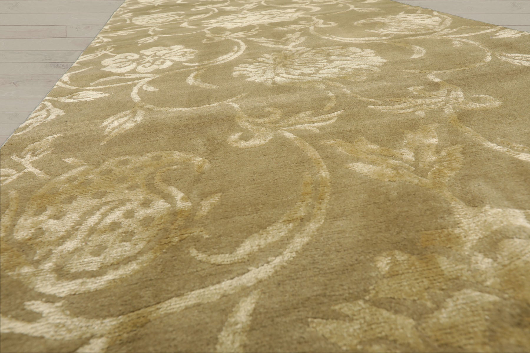 3x12 Tone on Tone Green, , Color Hand Knotted Tibetan Wool & Silk Transitional Oriental Rug