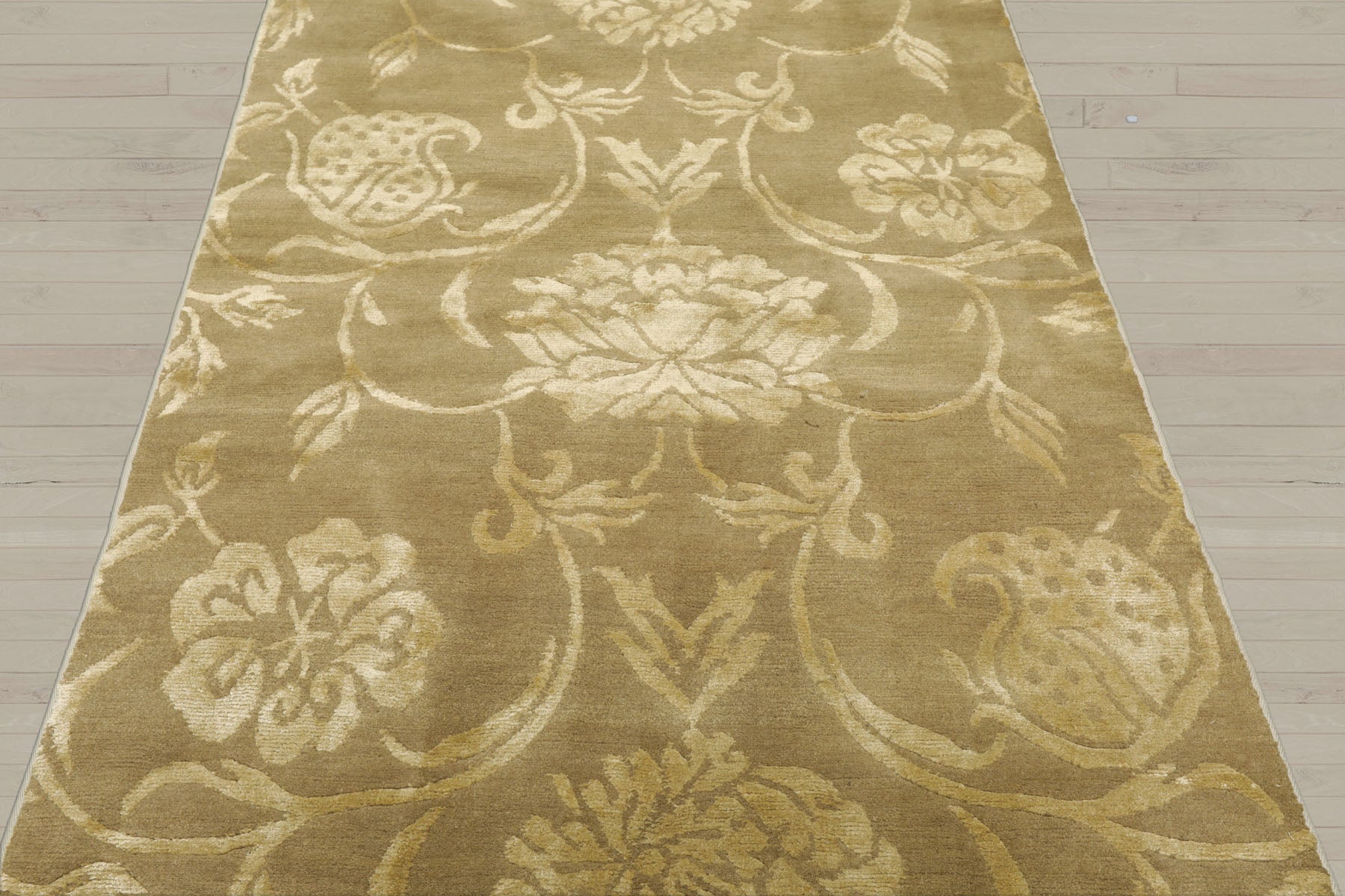 3x12 Tone on Tone Green, , Color Hand Knotted Tibetan Wool & Silk Transitional Oriental Rug