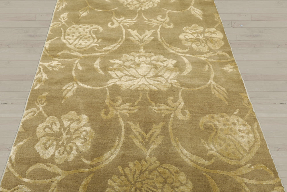 3x12 Tone on Tone Green, , Color Hand Knotted Tibetan Wool & Silk Transitional Oriental Rug