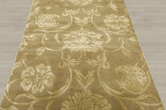 3x12 Tone on Tone Green, , Color Hand Knotted Tibetan Wool & Silk Transitional Oriental Rug