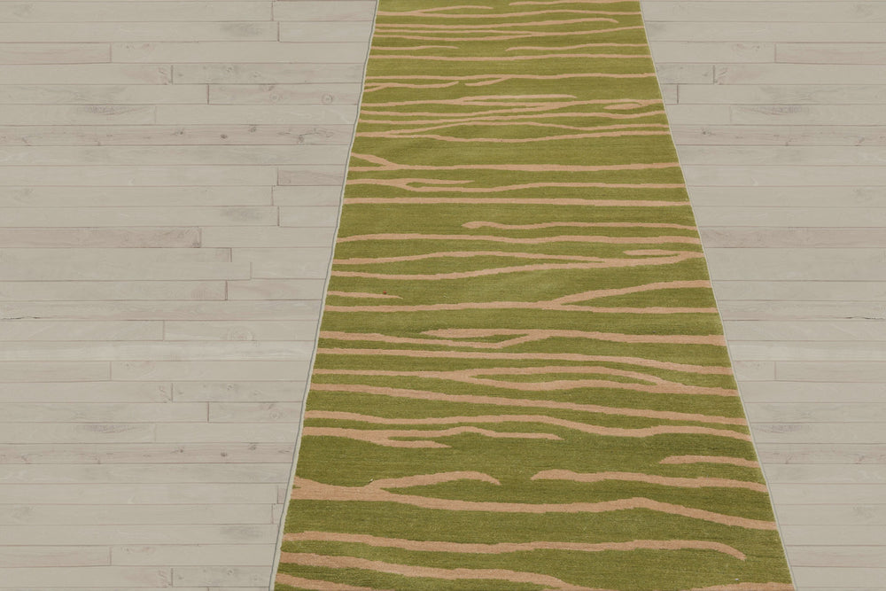 2'6x10 Lime, Tan, Color Hand Knotted Tibetan Wool Modern & Contemporary Oriental Rug