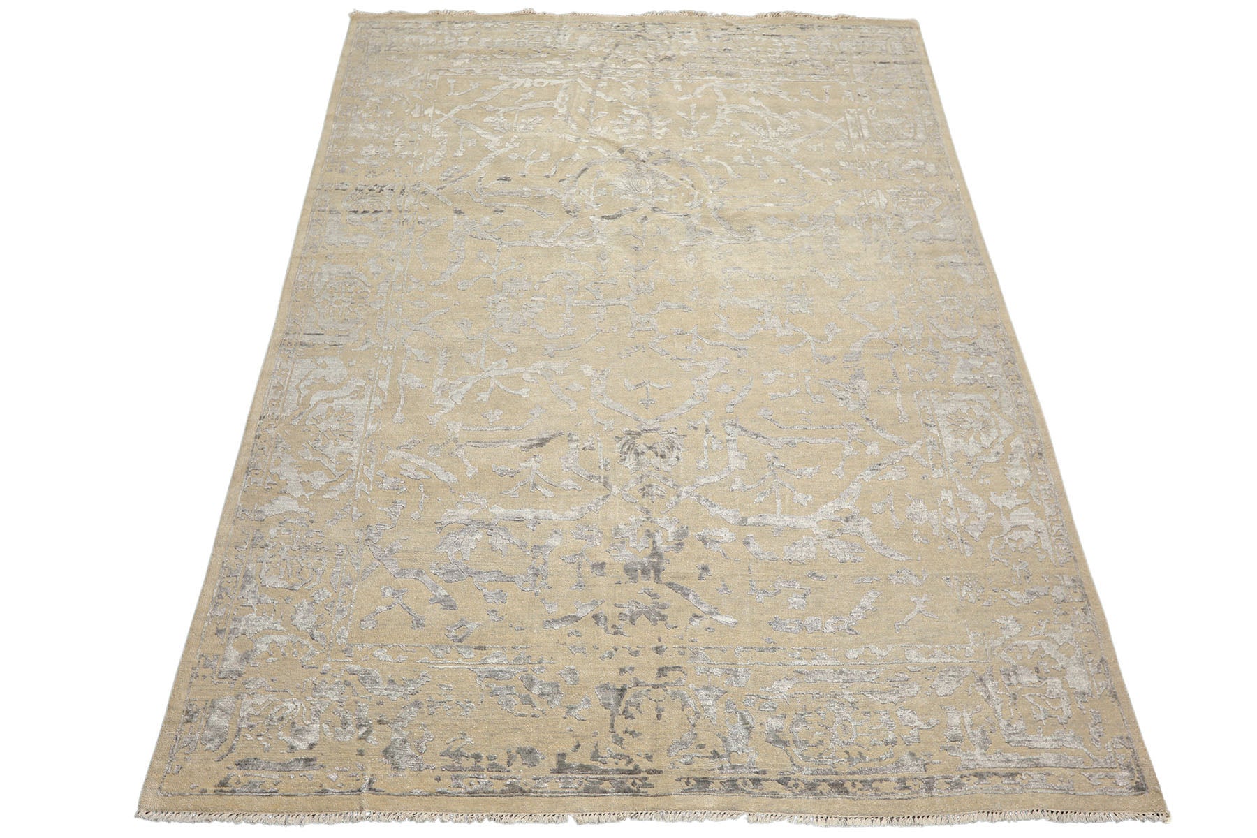 8x10 Beige, Gray, Color Hand Knotted Oushak Wool & Bamboo Silk Modern & Contemporary Oriental Rug