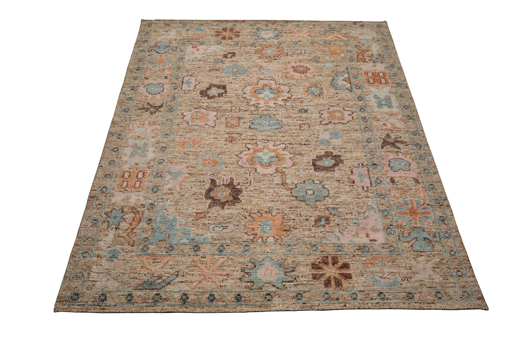 Multi Size Beige Blush Aqua Color Hand Knotted Oushak Wool Transitional Oriental Rug