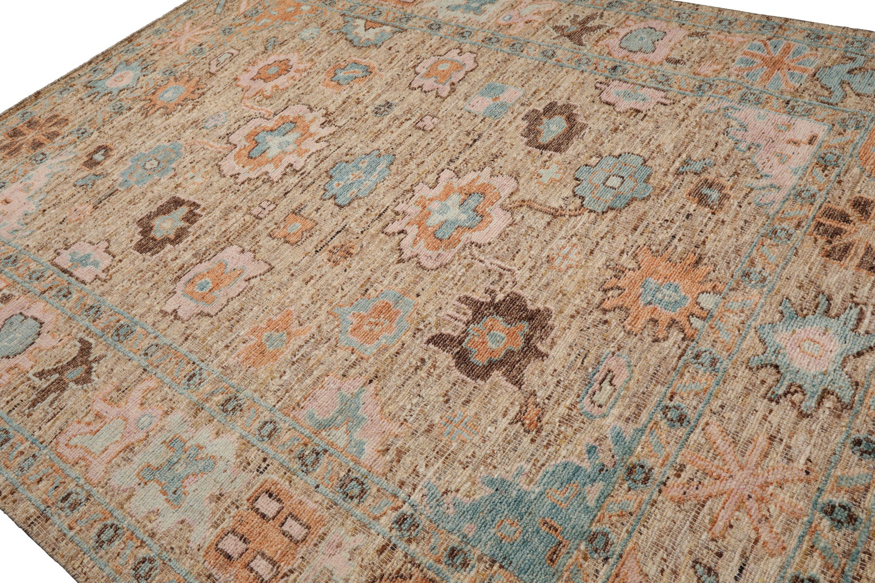 Multi Size Beige Blush Aqua Color Hand Knotted Oushak Wool Transitional Oriental Rug