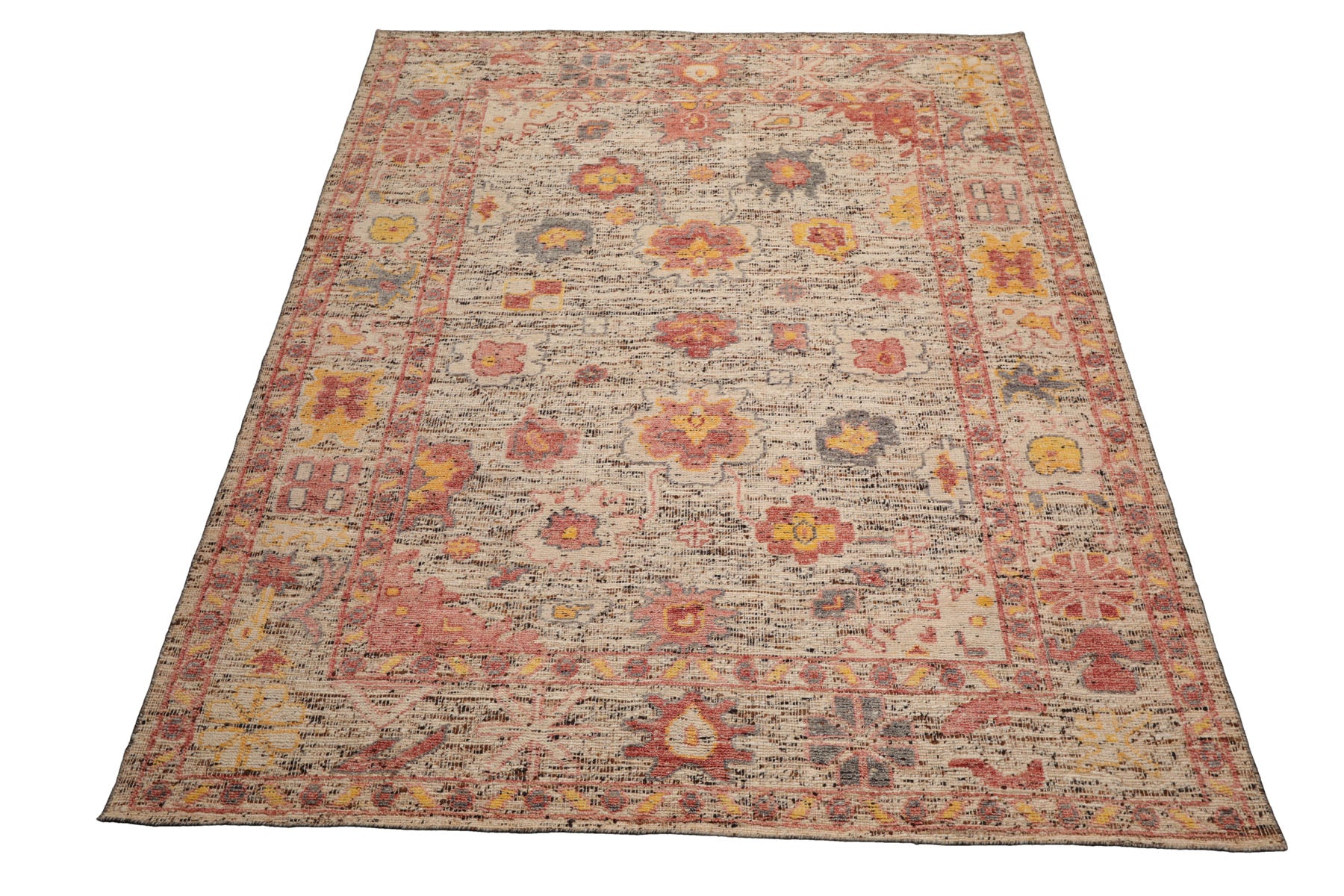 Multi Size Beige Rose Gray Color Hand Knotted Oushak Wool Transitional Oriental Rug