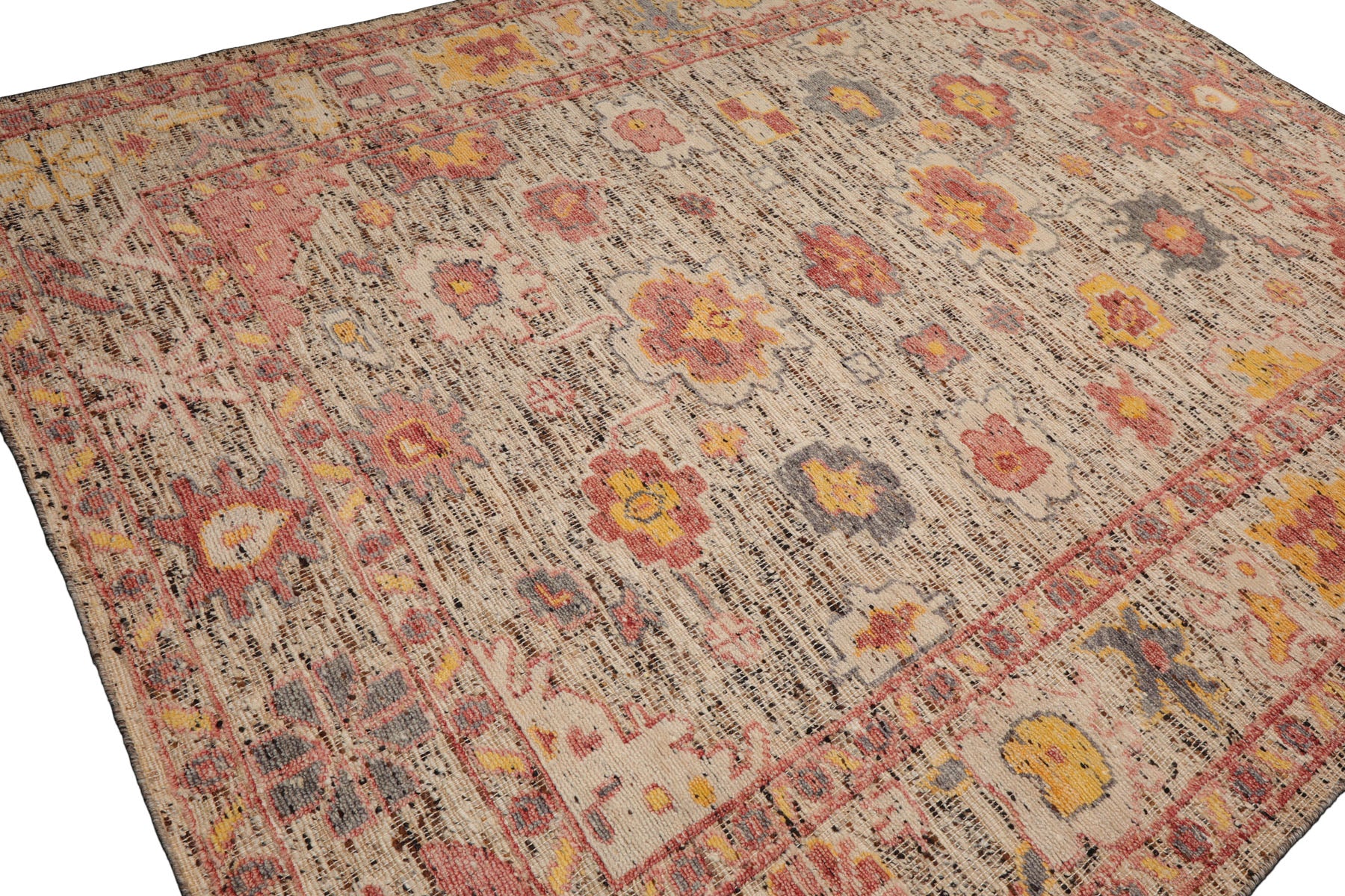 Multi Size Beige Rose Gray Color Hand Knotted Oushak Wool Transitional Oriental Rug