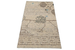 3x5 Ivory, Brown, Black Color Hand Knotted Moroccan Wool Modern Oriental Rug