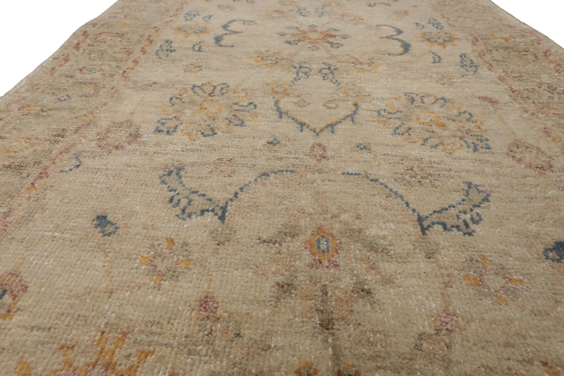 3x5 Beige, Rust, Blue Color Hand Knotted Afghan Oushak Wool Transitional Oriental Rug