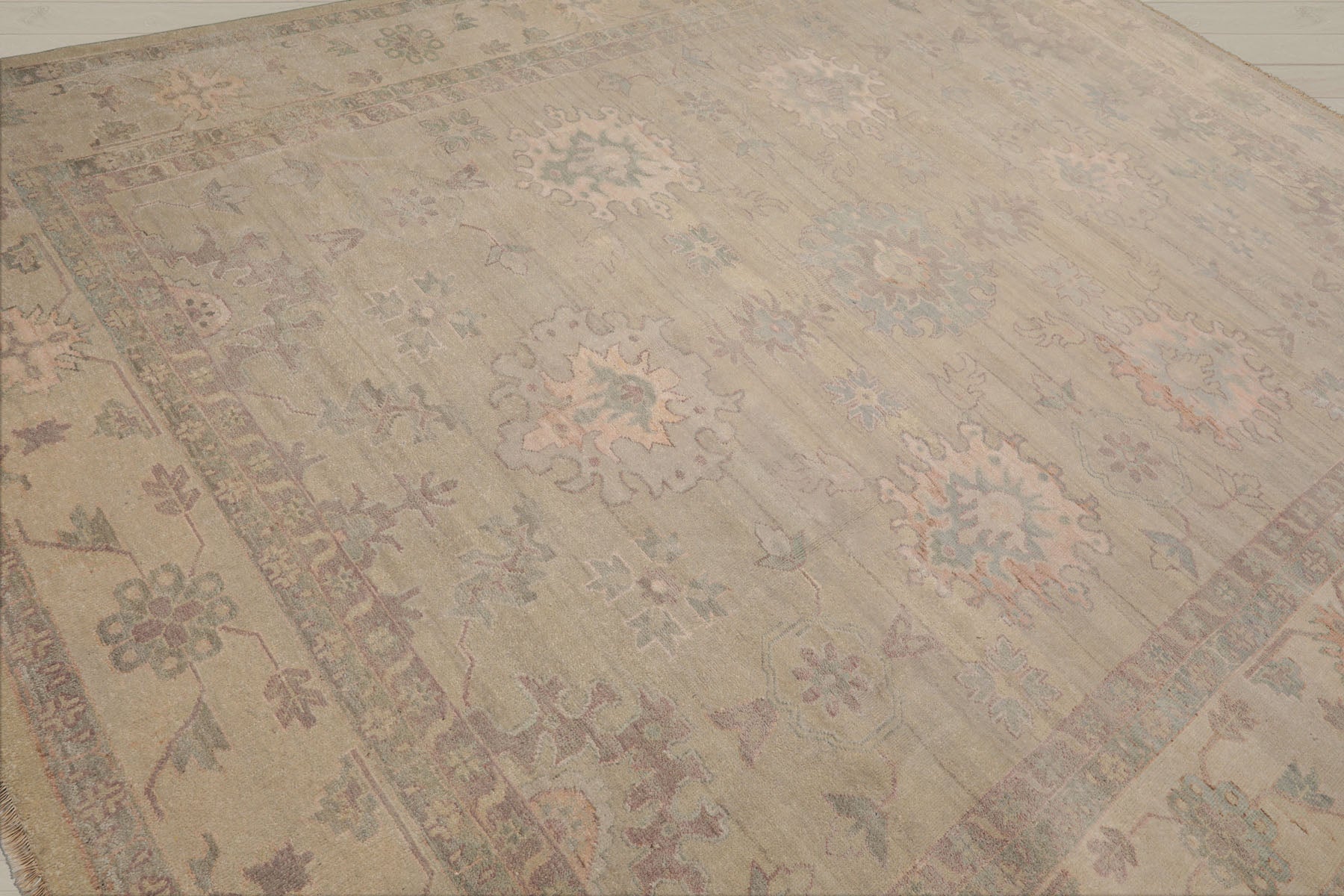9x12 Moss, Beige, Blush Color Hand Knotted Afghan Oushak Wool Traditional Oriental Rug