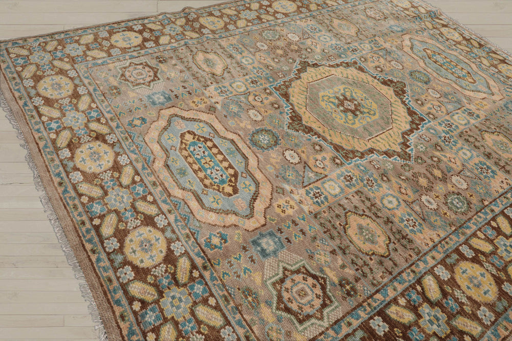8x10 Taupe, Teal, Gold Color Hand Knotted  100% Wool Traditional Oriental Rug