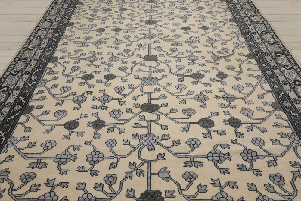 Multi Size Ivory Gray Charcoal Color Hand Knotted Oushak Wool Traditional Oriental Rug